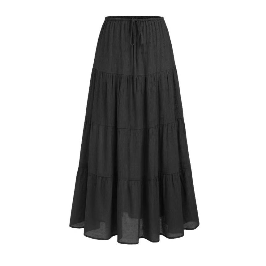 Women's Casual Maxi Skirts Summer Boho Solid Beach Elastic High Waist Pleated A-Line Flowy Swing Long Maxi Skirts Elastic Waist Long Skirt for Women