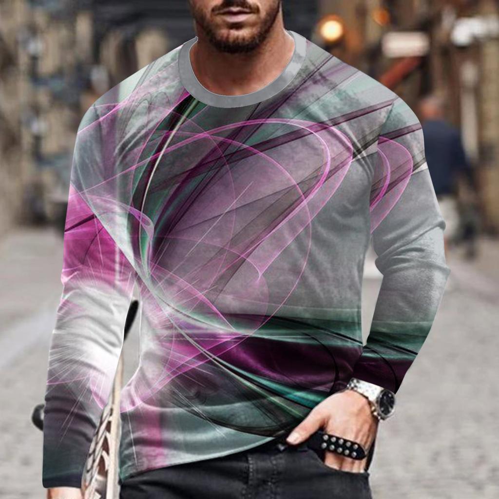 Spring and Autumn Round Neck 3D Line Printed Top Fashionable Casual Simple Long Sleeved Men's T-shirts