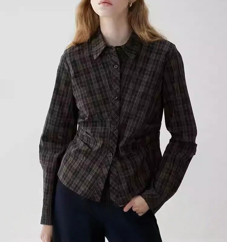 Women s Retro Plaid Pleated Waist Shirt - New Autumn/Winter Slim Lapel Top Small
