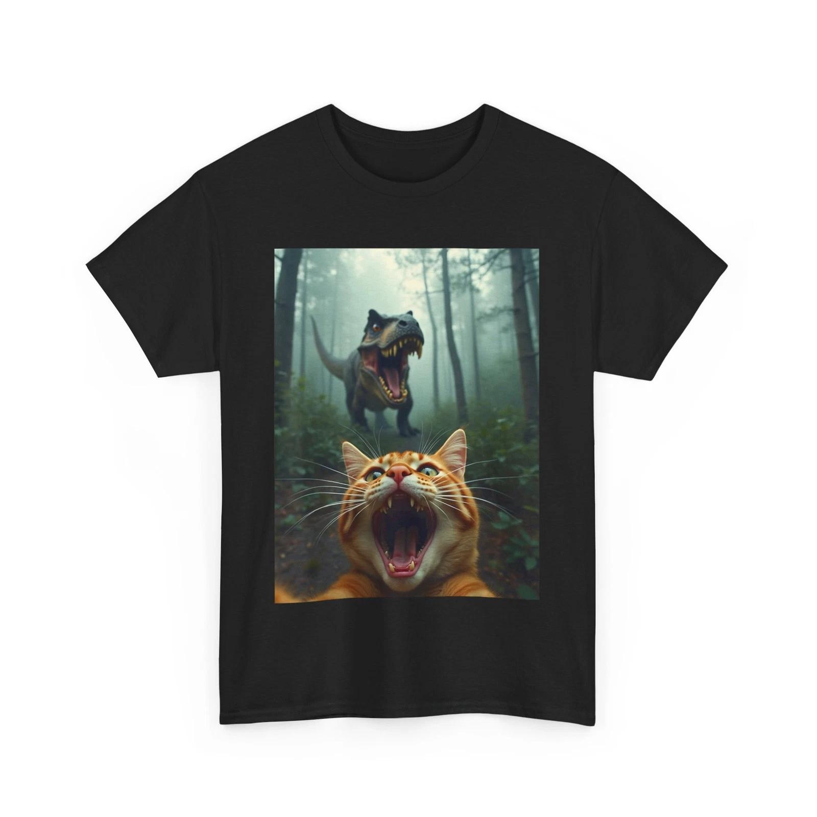 Cat Selfie With T-Rex Dinosaur Shirt, Dinosaur Cat Lovers Funny T-Shirt L