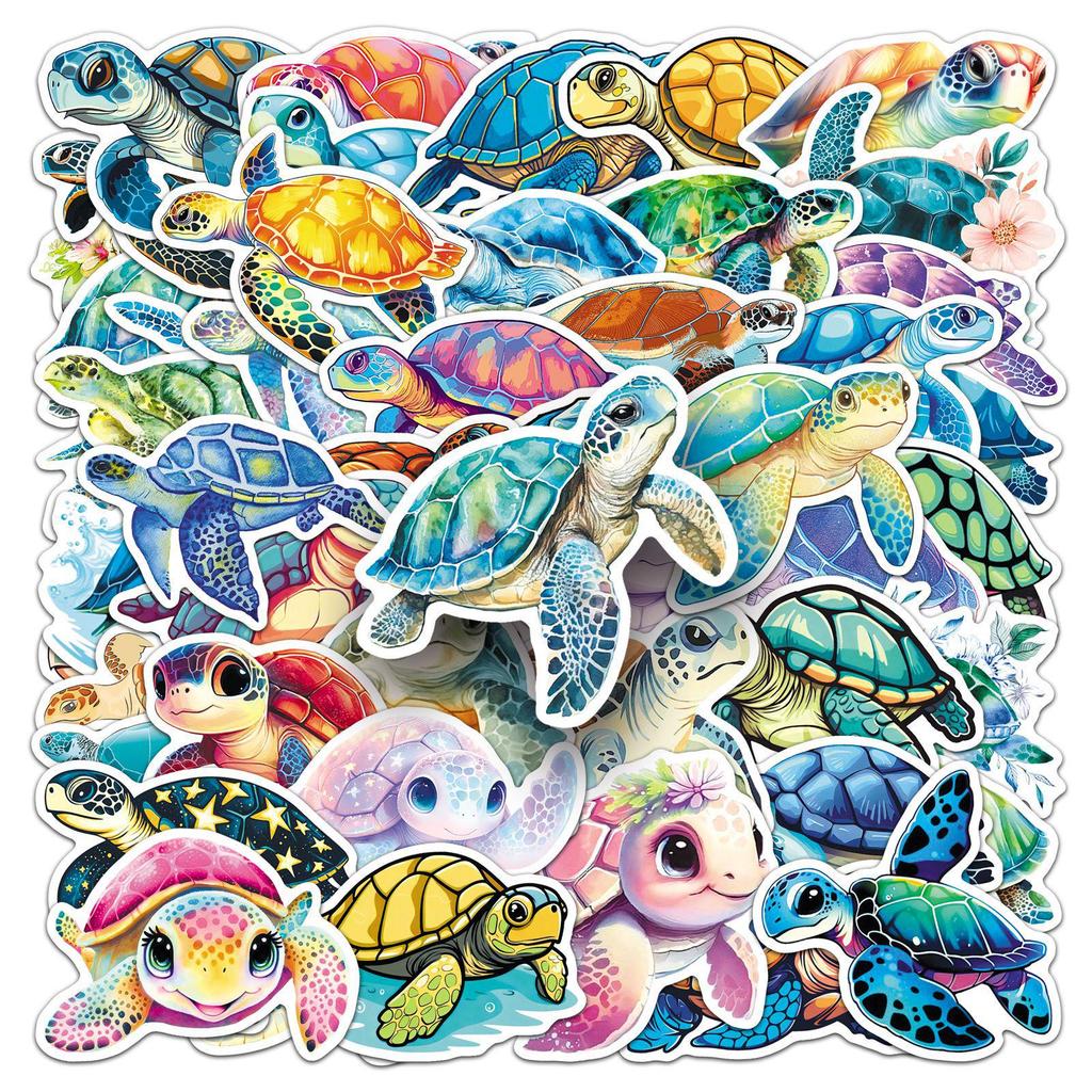 50 Sea Turtle Stickers: Cartoon Animals for Phone, Water Bottle, Guitar, Journal Decoration, Waterproof Color Art with Drip Glue