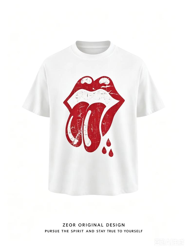 Sorona Coolcomfort Summer Mens Shortsleeved Tshirt With Rolling Stone Tongue American Retro Streetwear Loose Top