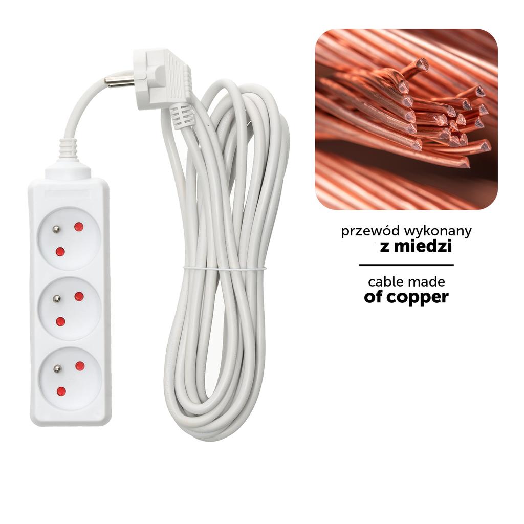 Home Extension Cord, 3 Sockets, 5 , with Grounding, White