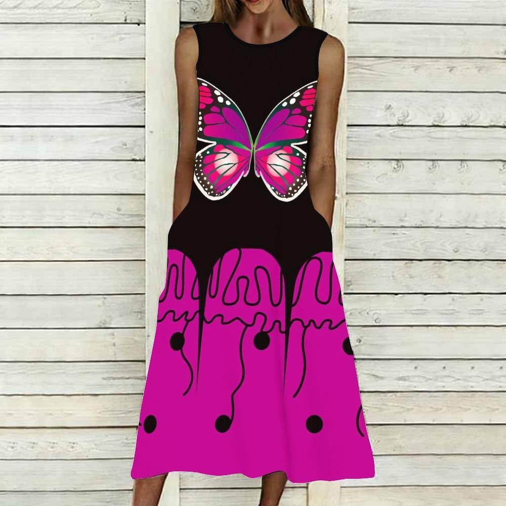 Plus Size Ladies Sleeveless Round Neck Dress Bold Tropical Palm Leaves Flowy Calf Length Dress