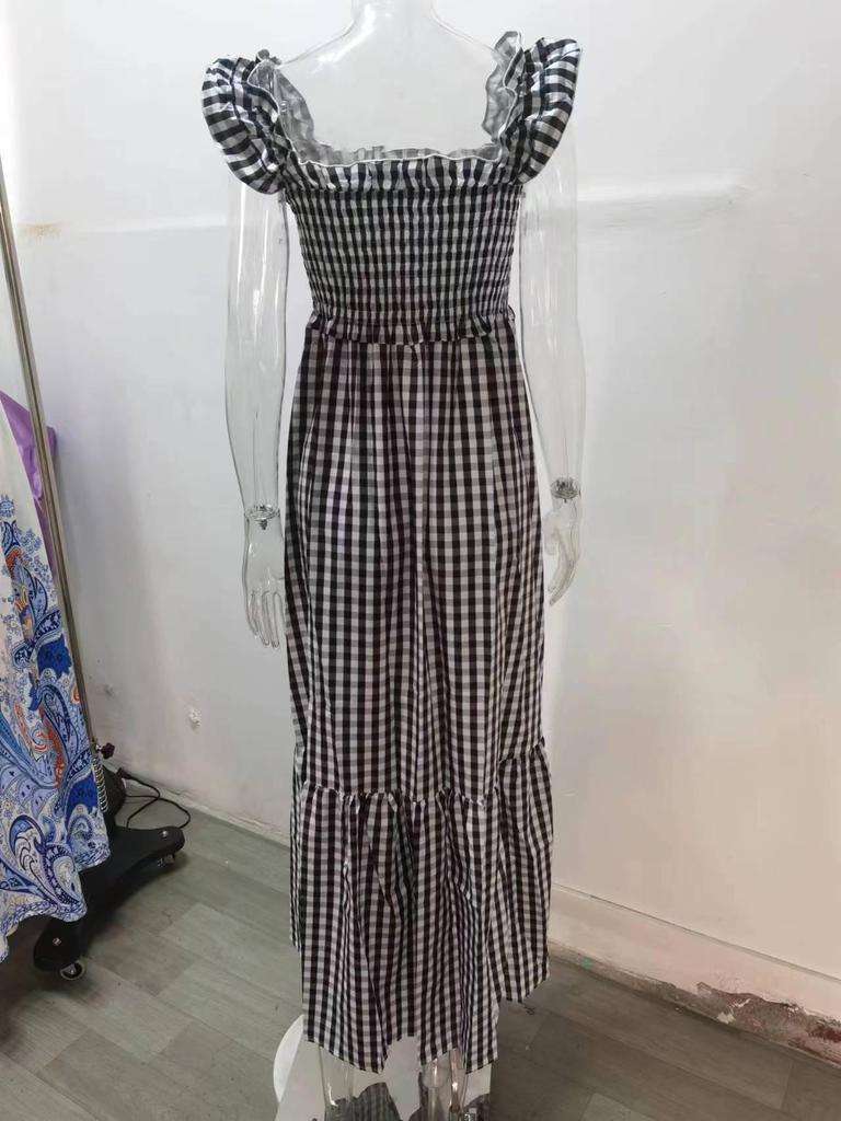 2024 Summer Women's Patchwork Plaid Spaghetti Strap Dress with Elastic Waist and Big Swing