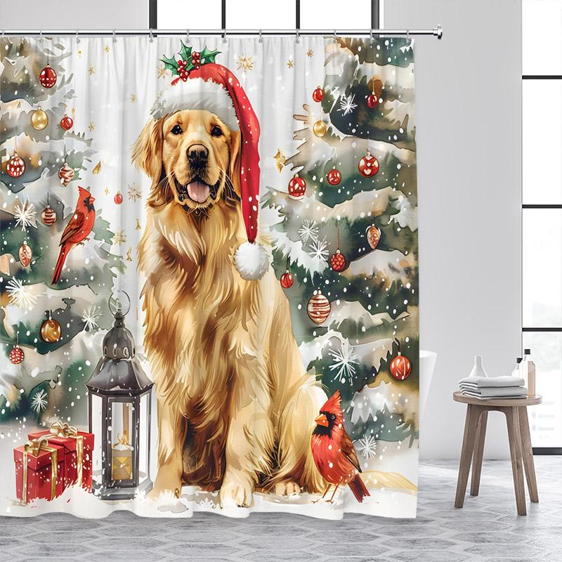 

Christmas Cat and Dog Shower Curtain Winter Xmas Tree Red Truck Cute Pet Animals Bath Curtains Fabric Bathroom Decor with Hooks 90x180cm-35x70in