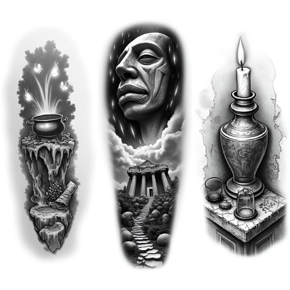 3pcs Temporary Tattoo Black And Grey Realism Buddha Statue And Temple Knight And Sword For Men Women Adults