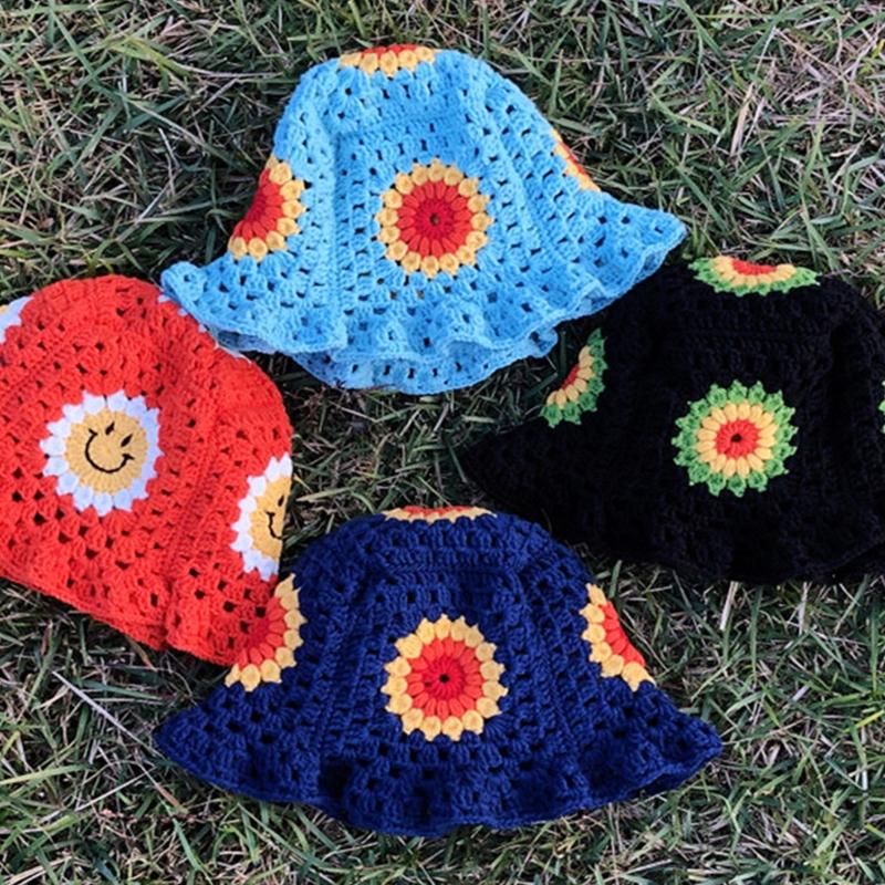 Handmade Crochet Bucket Hat Cute Ladies Outdoor Sports Fisherman Cap for Women Teenagers Casual Spring Summer Sunscreen