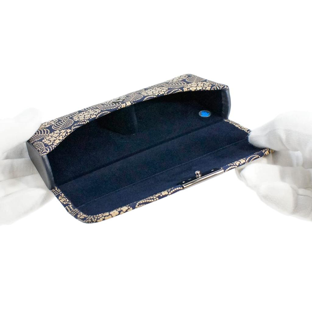 Inden H Glasses Navy Blue with White Hydrangea [Inden-ya] Case, Deerskin, Lacquer, Pattern, 4206-14-174
