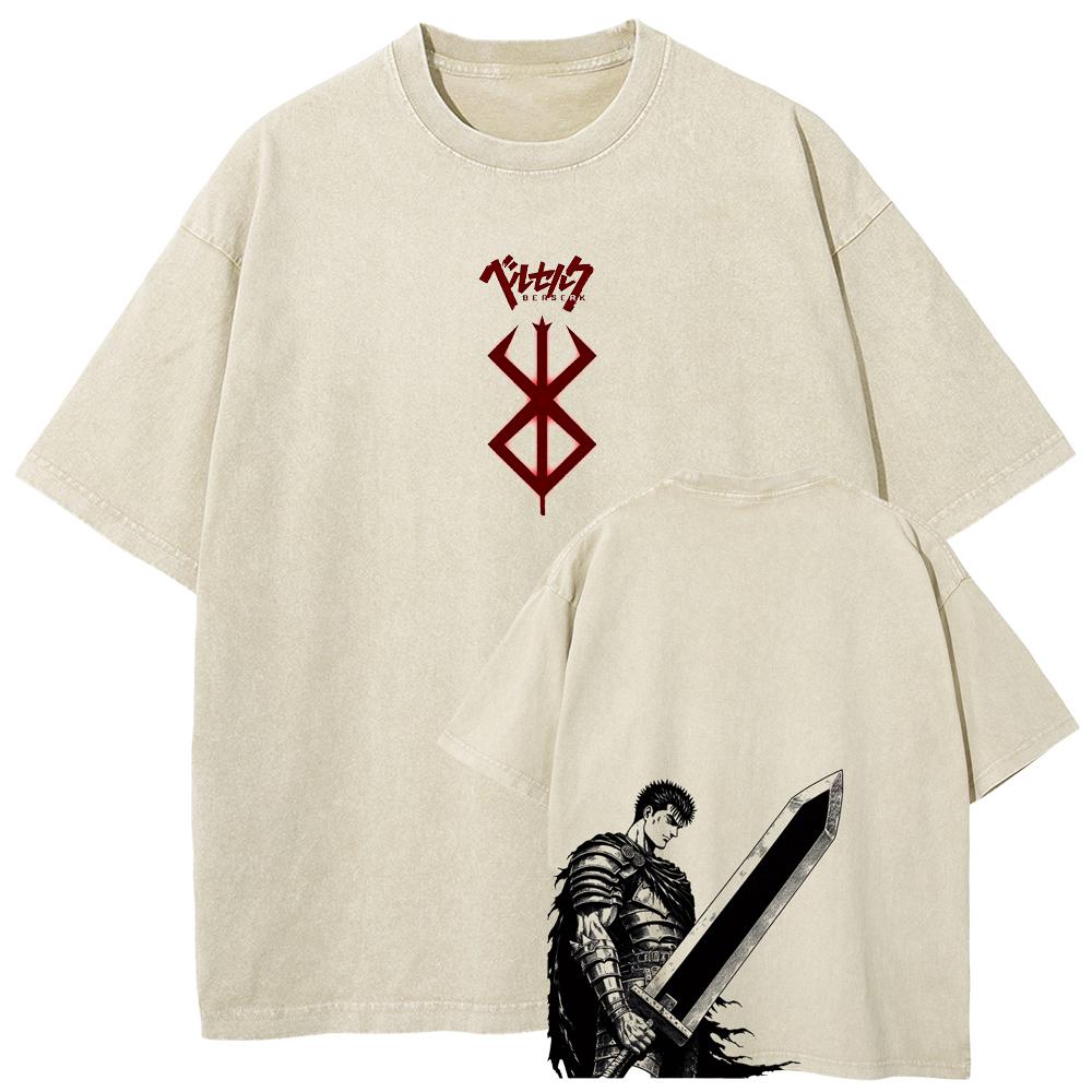 Berserk Guts T Shirt Manga Griffith Printed  T-shirt Men Unisex Clothes Street Vintage Washed Tshirt Short Sleeve Cotton Tees