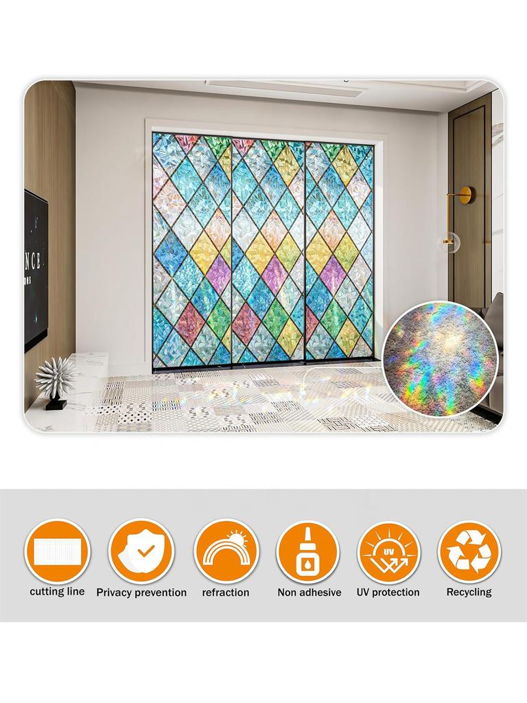 Window Privacy Film Stain Glass Window Film Rainbow Window Film Window Clings Non-Adhesive Reusable Decorative for Room