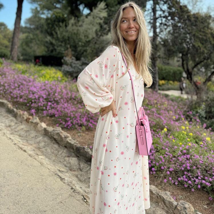 Женское летнее этническое принтованное платье с длинными рукавами и высокой талией — фото 6