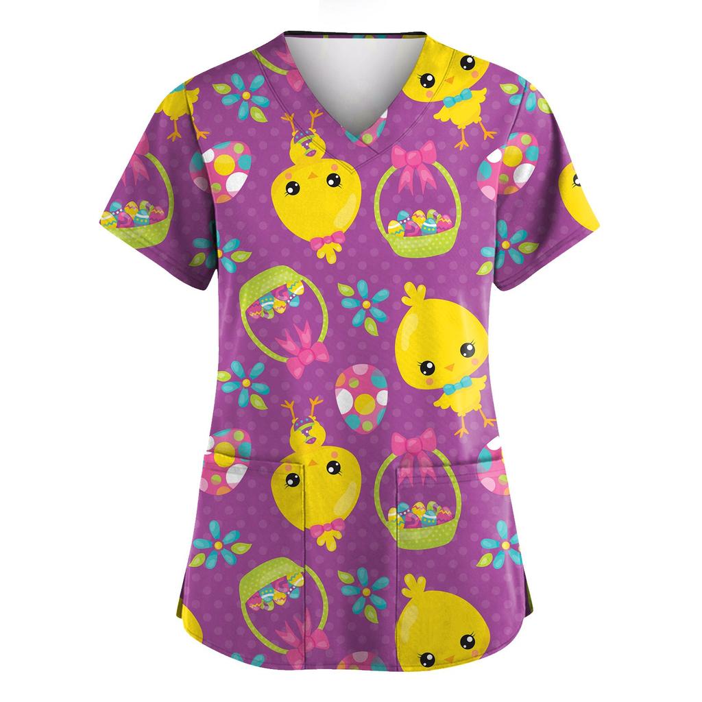 Women's Valentine's Day Printed Loose V-Neck Pocket Short Sleeve Uniform  Uniform