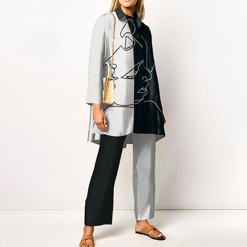 Grünes geometrisches Print Damenhemd und Wide Leg Hosen Kombinationsset