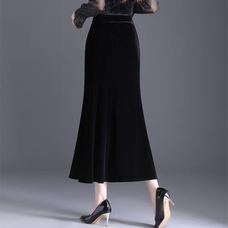Autumn Winter Velvet Pencil Skirt High Waist Slim Fit Stretchy Wrap Fish Tail Midi Skirt Elegant Bodycon