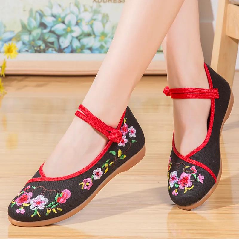 women cute sweet round toe black floral high quality canvas embroidery flat shoes lady classic black dance shoes ab667