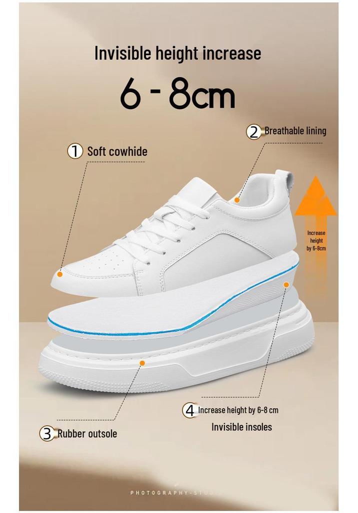 Men's Height-Boosting Low-Top Cowhide Sneakers - Thick Sole, Casual & Running Shoes (White)