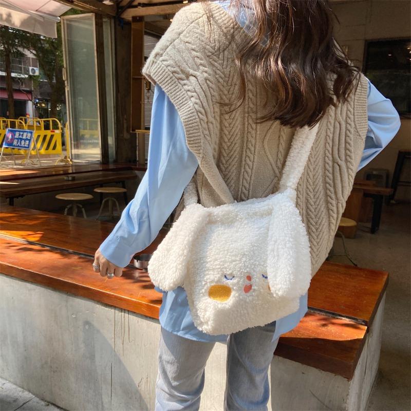 0 Plush Dog Ears Portable Tote Bag Embroidered Tote Bag Autumn and Winter Student Plush Bento Bag Cute Department