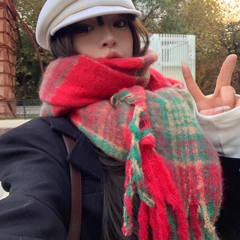 Atmospheric Blue Plaid Scarf for Women In Autumn and Winter Retro Mohair Warm and Thickened Long Tassel Shawl Scarf