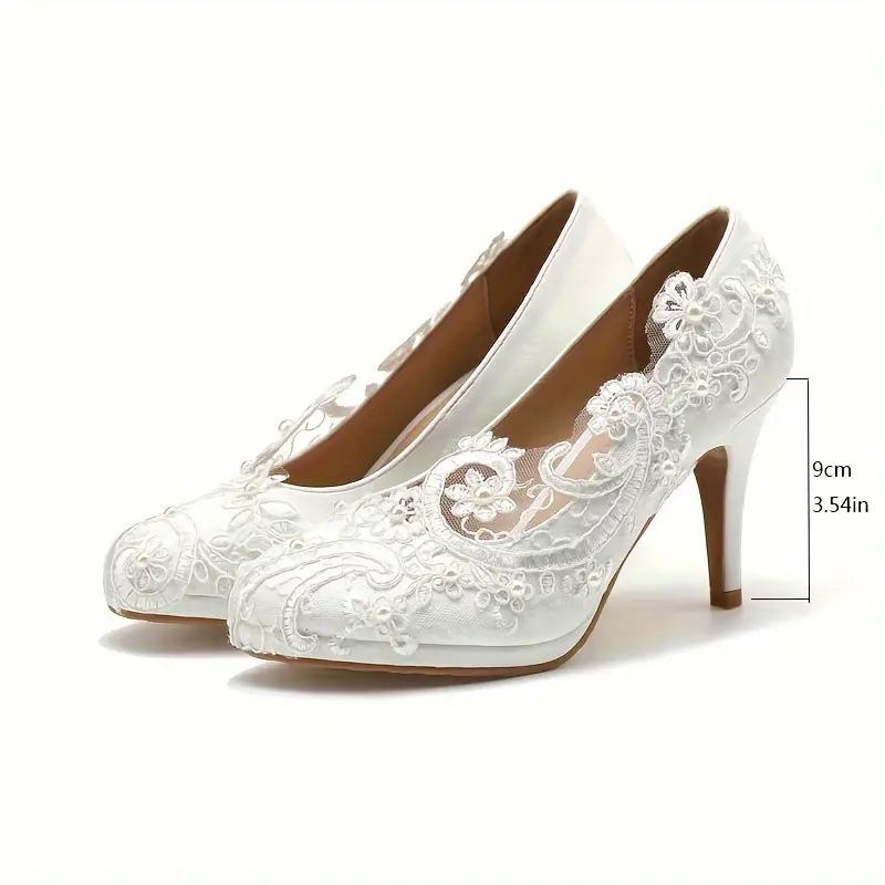 White lace high heels waterproof table round head shallow mouth single shoes wedding shoes large size handmade pearl wedding shoes direct sales