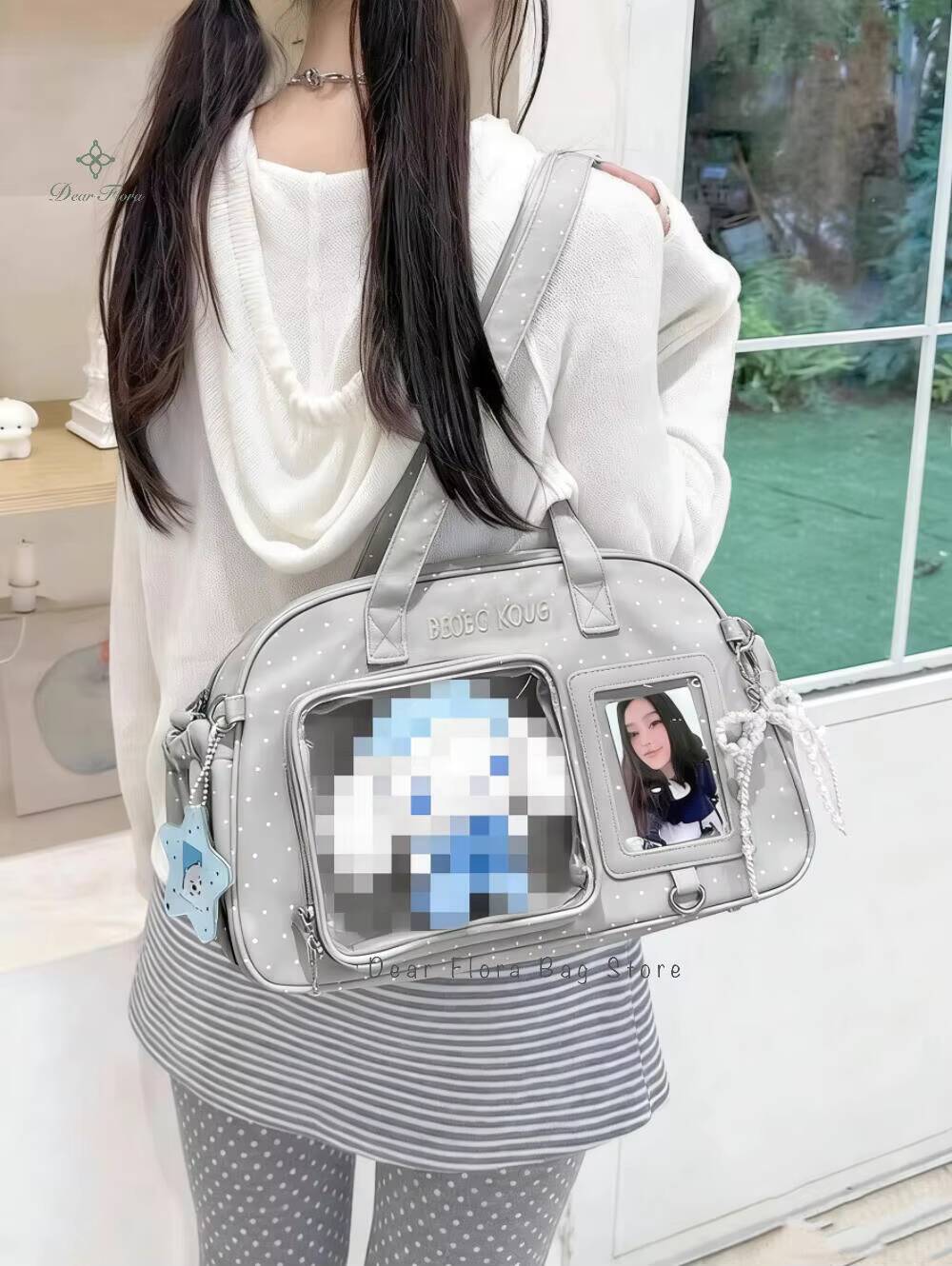 

New Y2k Cute Polka Dot Ita Crossbody Bag Large Capacity Lolita Girl Transparent Tote Bag DIY Display Shoulder Bag Casual Handbag 34x21x14cm