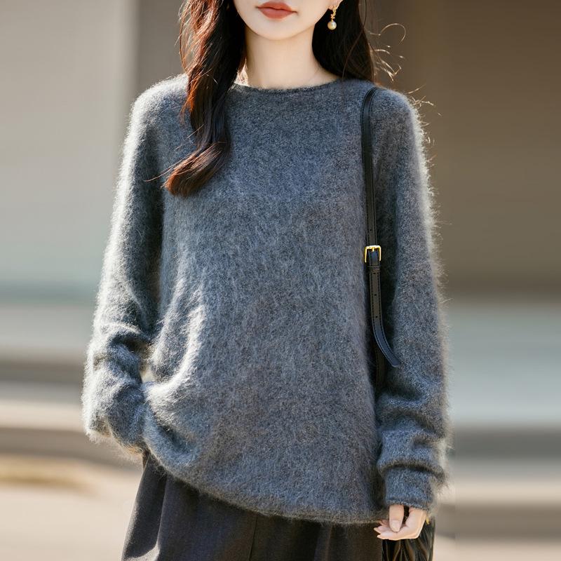 Women's Round Neck Loose Fleece Wool Sweater with Rolled Hem, Soft and Fluffy, Sequin Yarn, Autumn Winter Cashmere Pullover.