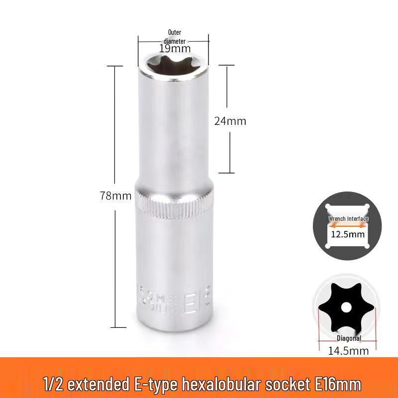Metric 6-Point Flower-Shaped E-Type Socket Set: 1/2 Large, 3/8 Medium, 1/4 Small, Star Type.