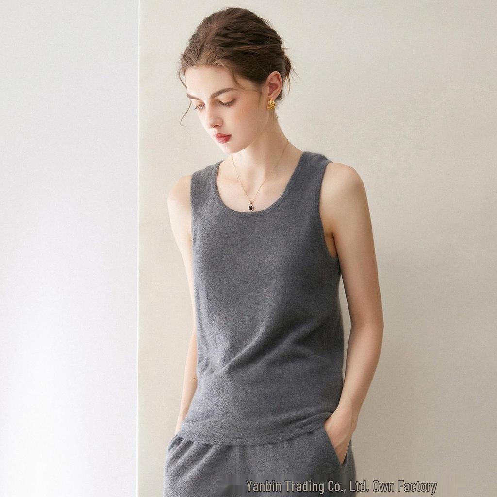 Women's Cashmere Sleeveless Camisole: Low-Neck Knit Top in Winter White, Blue, Green, Velvet, and Rice Colors.