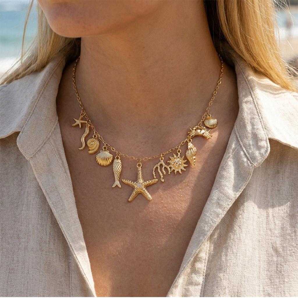 Bohemian Shell Starfish Scallopes Pendant Necklace For Women Ocean Series Seahorse Fish Coral Choker Beach Vacation Jewelry