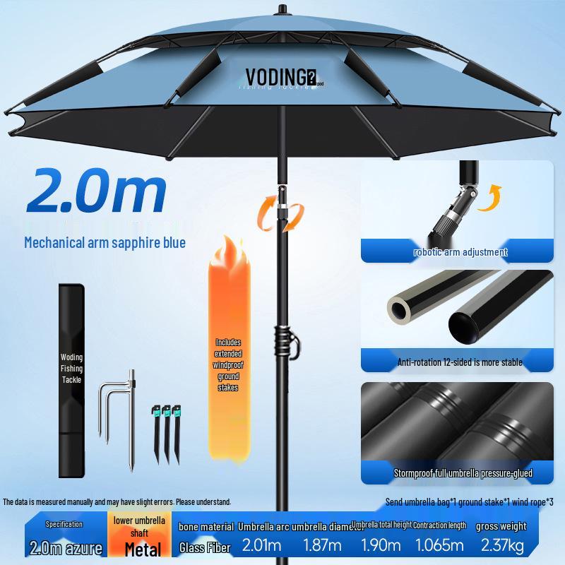 Woding 2026 Multi-Purpose Fishing Umbrella: Mechanical Arm, Windproof, Sun & Rain Protection for Outdoor Camping Welfare Arm Quick Adjust Dual Lock 2.0m Blue