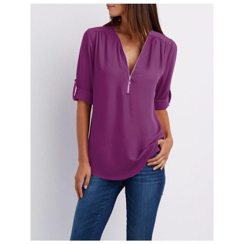 Women's Plus Size Loose Fit V-neck Chiffon Shirt with Long Sleeves and Adjustable Zipper