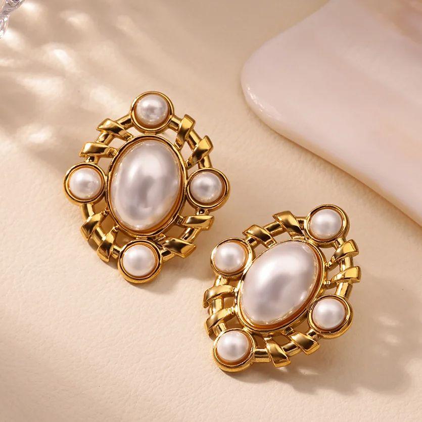 Vintage Geometric Pearl Earrings For Women Gold Color Stainless Steel Earring Hypoallergenic Retro Boho Wedding Jewelry Gift