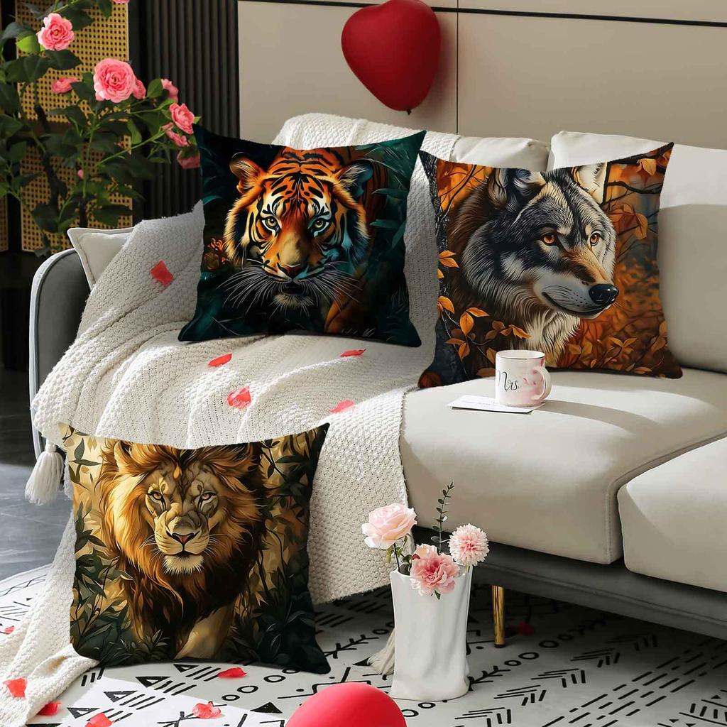Tiger, Snow Leopard And Wolf Patterns Printing Pillow Cover Short Plush Suitable Living Rooms Bedrooms Sofas Throw Cushion Cover