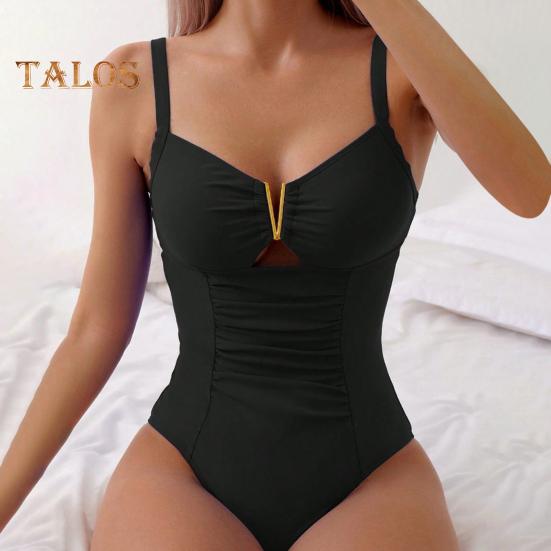 Einteiliger Badeanzug für Damen, Sommer, tiefer V-Ausschnitt, plissiert, einfarbig, Monokini, schnell trocknende Badebekleidung, Strandmode