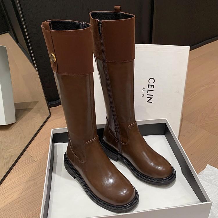 Maillard retro splicing boots women's 2025 autumn new velvet thick soles but knee boots knight boots
