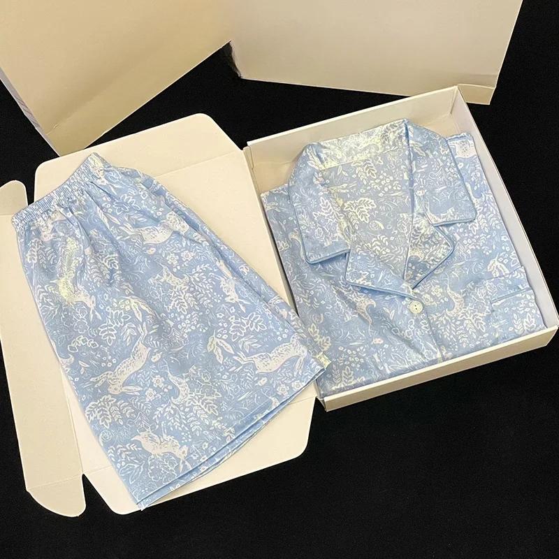 Blaue Pflanzen Blumen Batik Damen Edler Pyjama Sommer Kühl Kurz Weiblich Hauskleidung Mode Lässig Nachtwäsche