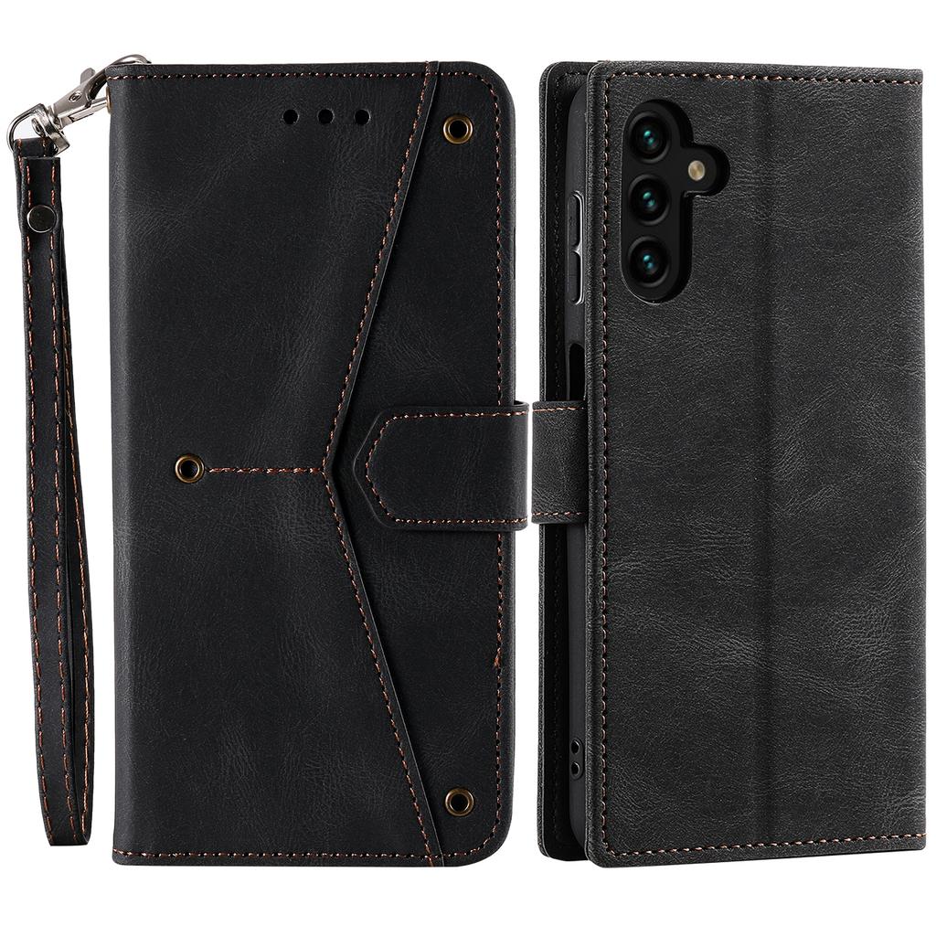 For Samsung Galaxy S25 Leather Case Splicing Stitching Wallet Stand Phone Cover with Strap