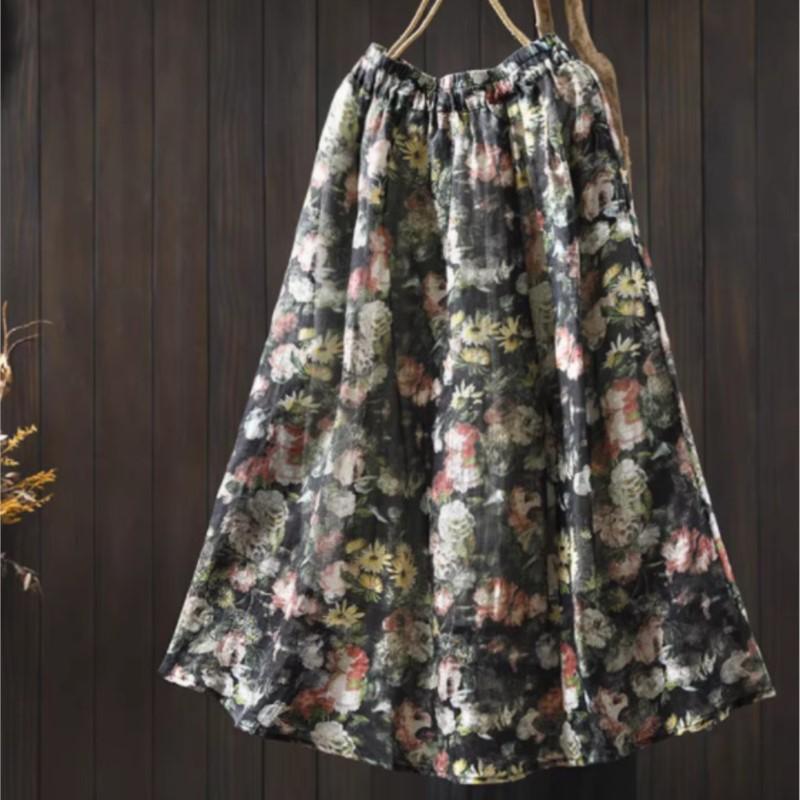 Johnature Women Vintage Print Floral Skirts Elastic Waist High Quality Cloths Summer Soft Female Skirts