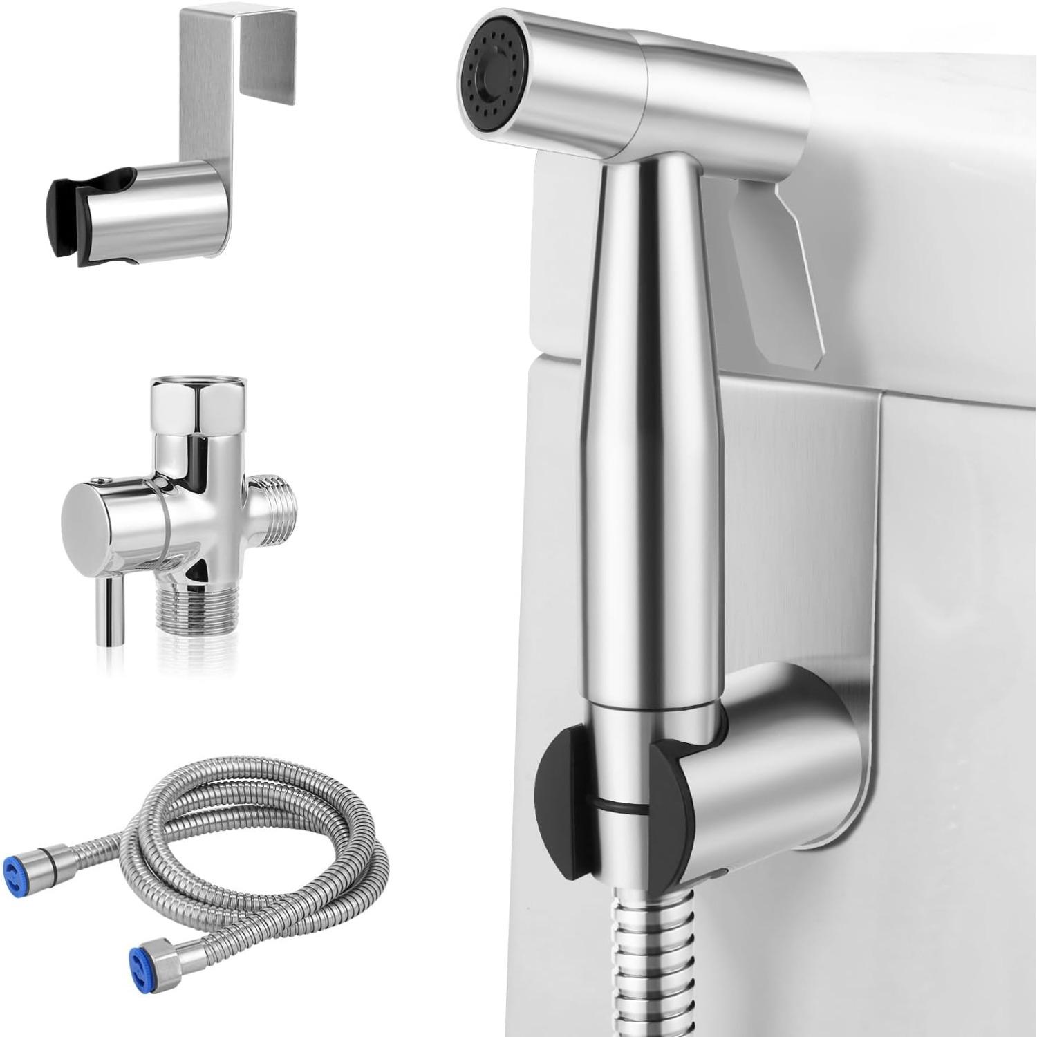 Handheld Bidet Sprayer for Toilet – Stainless Steel Adjustable Pressure Bidet Sprayer Kit with Brass T-Valve – Multipurpose Toilet Bidet Sprayer серебряный