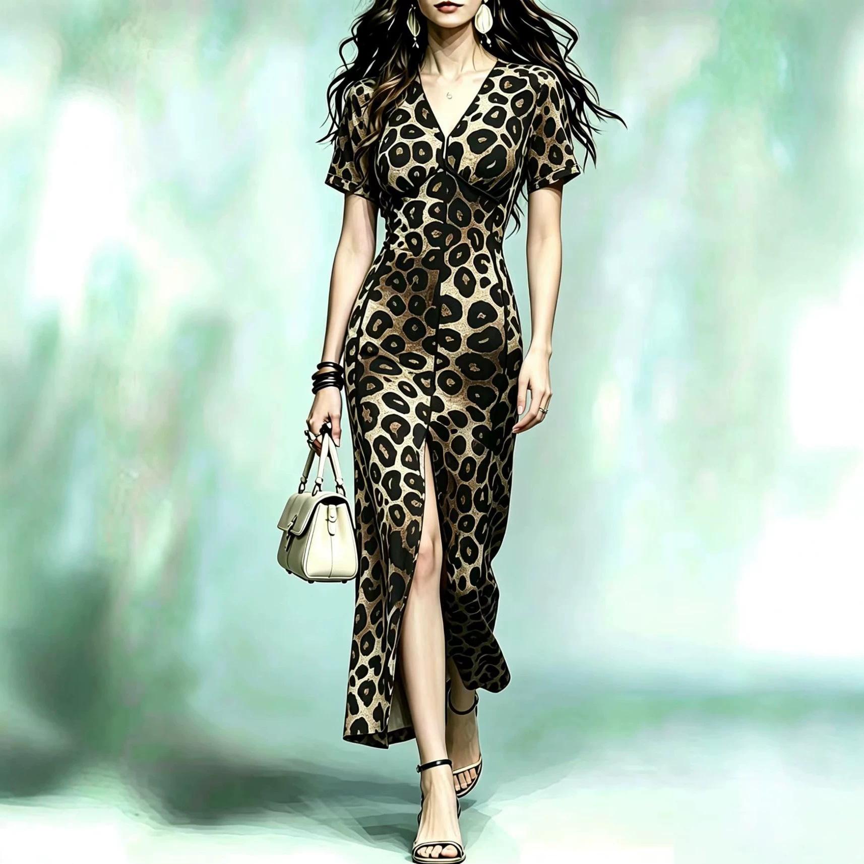 2026 Leopard print sexy hip skirt femininity splicing sleeveless deep V-neck dress summer new S чёрный