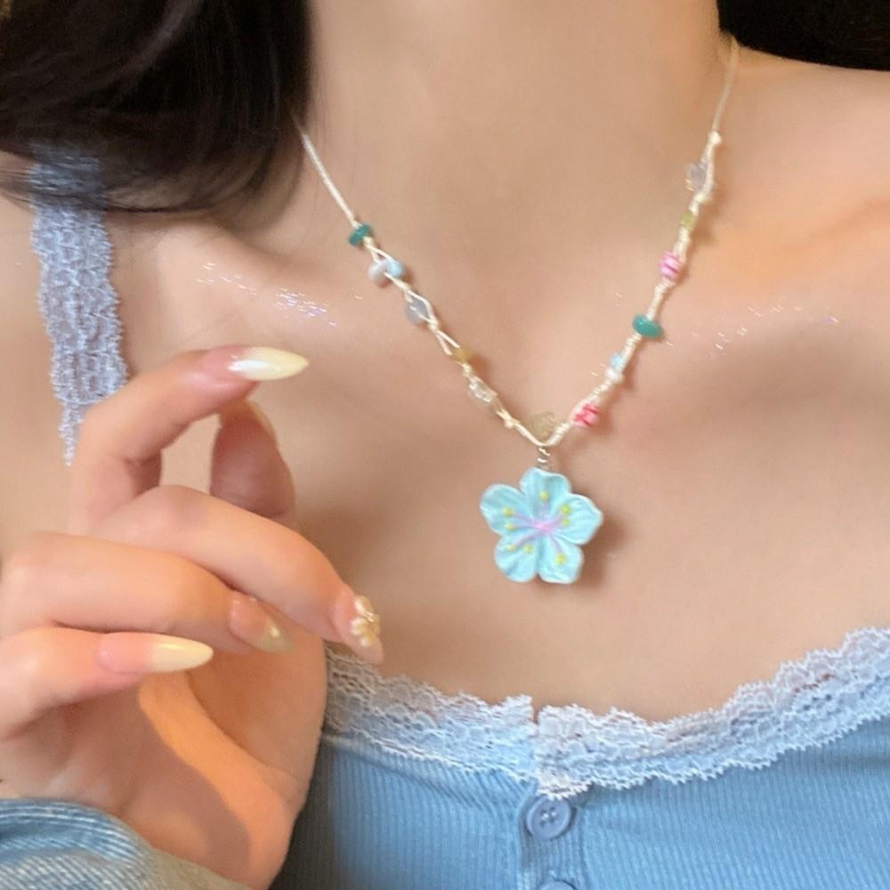 Colorful Beaded Floral Pendant Necklace Green Leaf Beaded Necklace Bead Necklace Women s Party синий