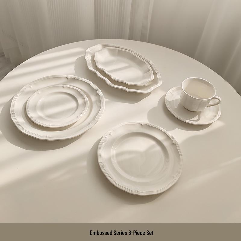 Tai Life French Retro White Embossed Ceramic Lace Plate for Breakfast & Dessert