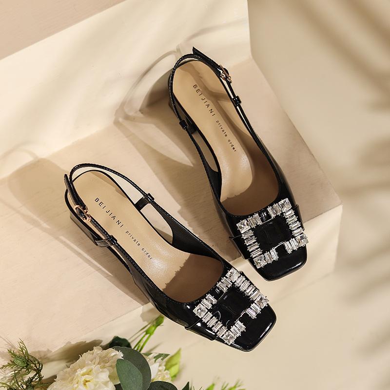 

Абрикосовые кожаные туфли с квадратной пряжкой со стразами, женские туфли на толстом каблуке, с квадратным носком, из овчины, на среднем каблуке, с ремешком сзади, туфли Мэри Джейн 34 чёрный