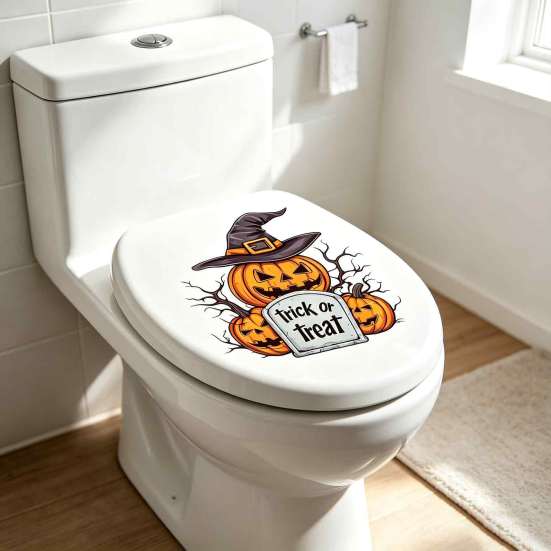 Halloween Theme Home Accents Pumpkin Toilet Cover Sticker, Spooky Trick or Treat Retro Bathroom Stickers Lid Decals, Self Adhesive Wall Decoration for