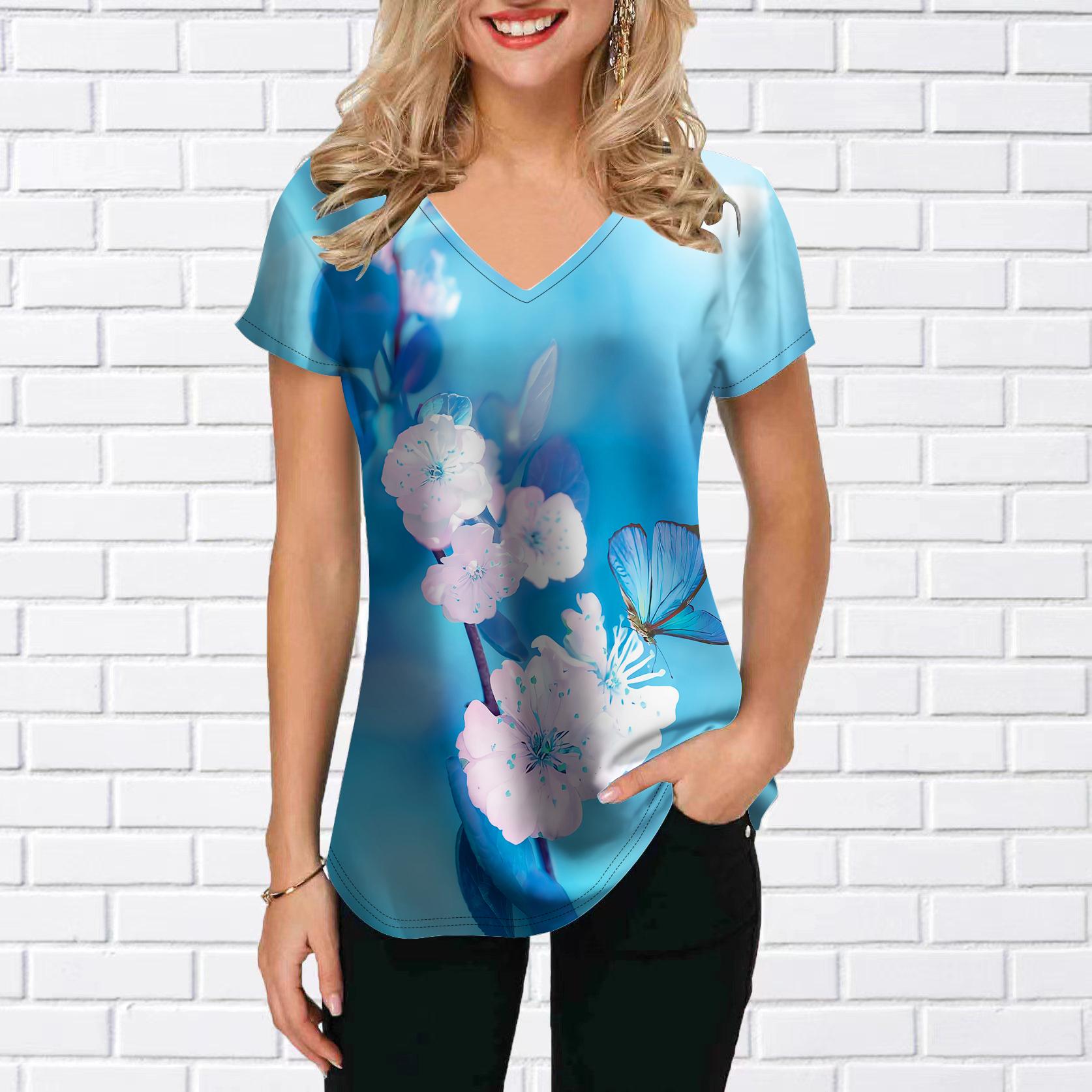 

Женские топы с v-образным вырезом и короткими рукавами, подсолнечник, лотос, пруд, свободная футболка, повседневная блузка 4XL светло-синий