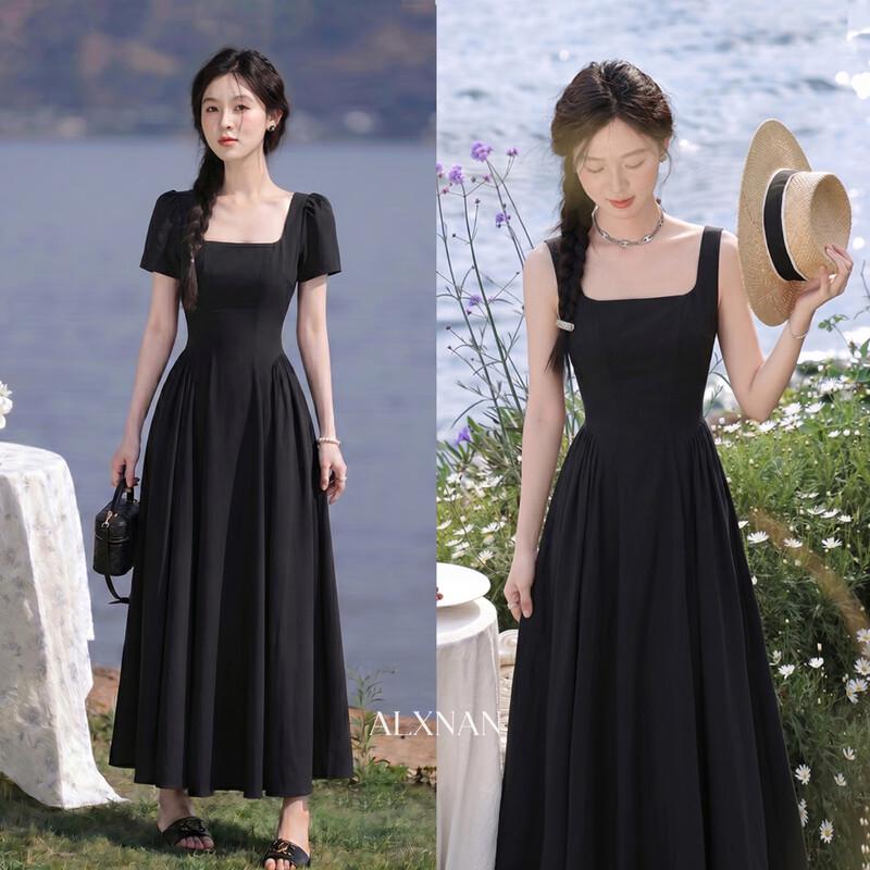 Women s Elegant Square Neck A-Line Midi Dress M