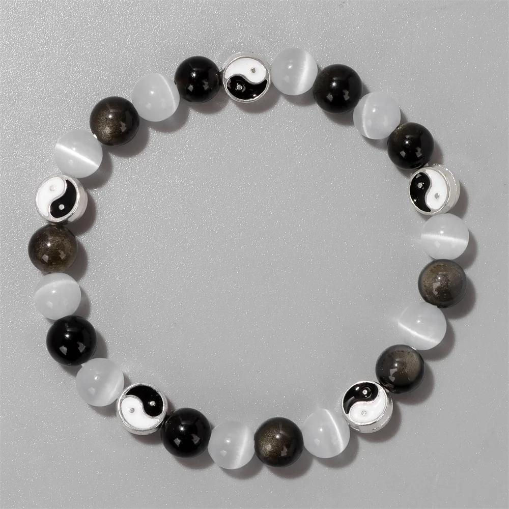 Neues weißes Katzenauge-Opal-Perlen-Armband, Mode, Tai Chi, Yin Yang, schwarze Glasperlen, Energie-Armbänder, Männer, Frauen, bester Freund, Schmuck