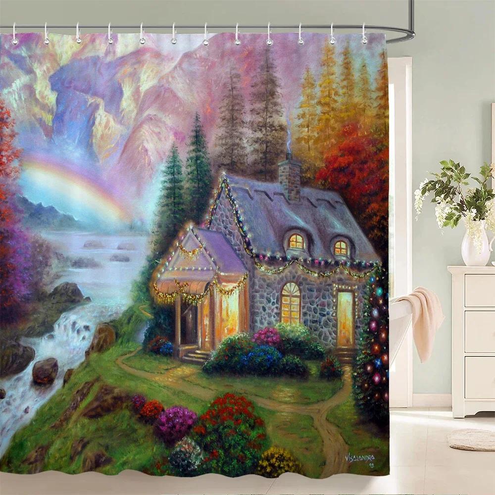 3D European Town Rural Forest Landscape Printing Bathroom Waterproof Shower Curtain Polyester Curtain Home Decoration Curtains