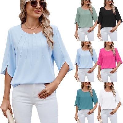 Spring and Summer Solid Colour Round Neck,five-minute Sleeve Loose Chiffon Shirt,T-shirt