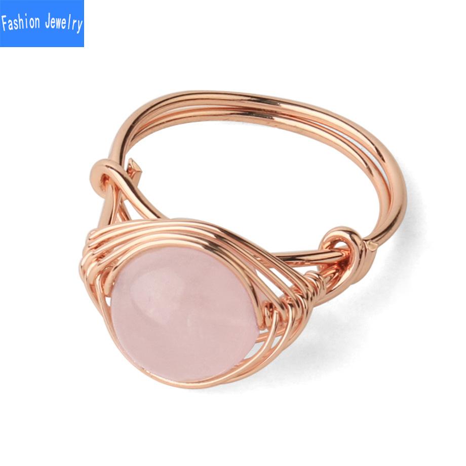 Mit Draht umwickelter runder natürlicher Kristallring, Amethyst-Rosenquarz-Reiki-Heilstein